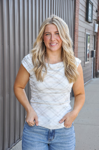 Off-White Plaid Draped One-Shoulder Top