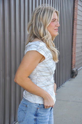 Off-White Plaid Draped One-Shoulder Top
