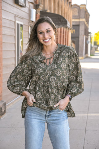 Olive Ornate Print Ruffle Tie-Neck Babydoll Tunic Top | JQ Clothing Co.