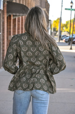 Olive Ornate Print Ruffle Tie-Neck Babydoll Tunic Top, view 3 | JQ Clothing Co.