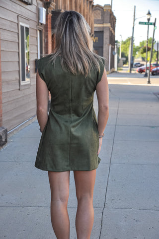 Olive Pleated Waist A-Line Dress
