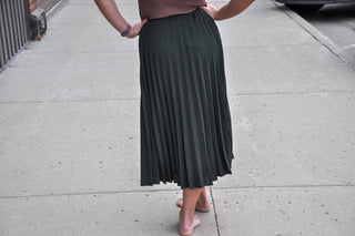Olive Woven Pleated Midi Skirt
