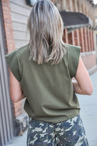 Olive Round Neck Contrast Sleeveless Top