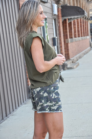 Camo Printed Denim Shorts w/Drawcord