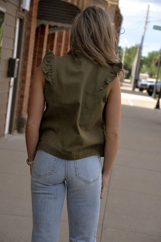 Olive Ruffle Trim Utility Vest