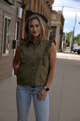 Olive Ruffle Trim Utility Vest