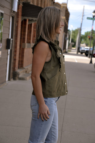 Olive Ruffle Trim Utility Vest