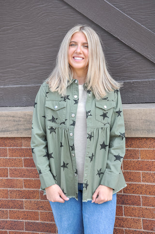 Olive Star Printed Denim Jacket