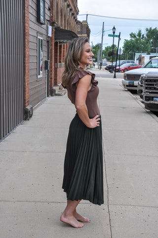 Olive Woven Pleated Midi Skirt