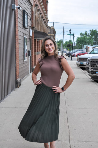 Olive Woven Pleated Midi Skirt