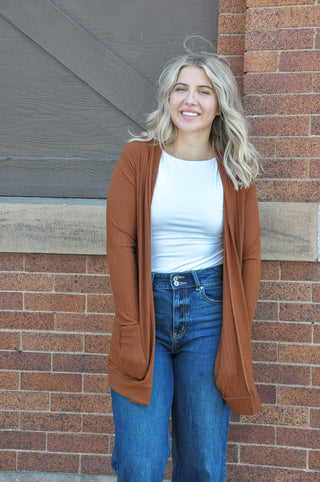 Open Front Dark Camel Cardigan