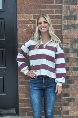 Oxblood Striped Polo Knit Top