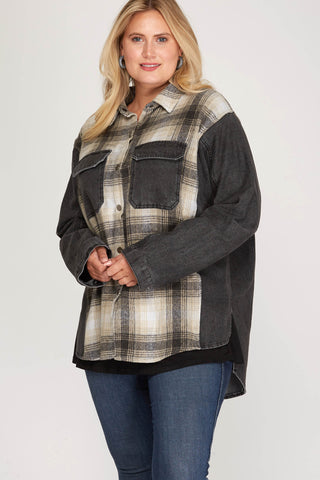 Plaid and Denim Mixed Curvy Jacket | JQ Clothing Co.