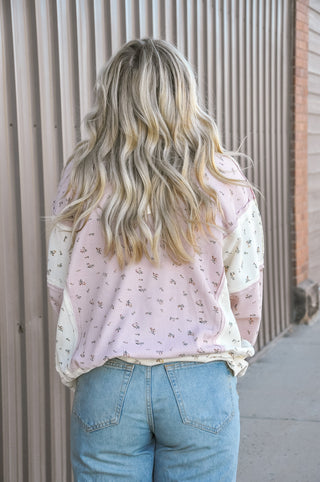 Pink Floral Colorblock Waffle Knit Balloon Sleeve Top