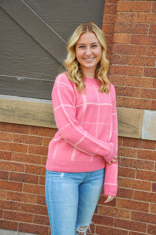 Pink Plaid Crew Neck Sweater