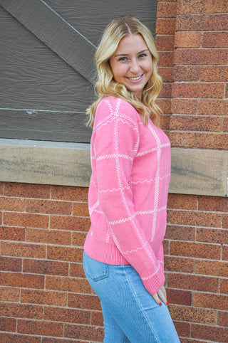 Pink Plaid Crew Neck Sweater