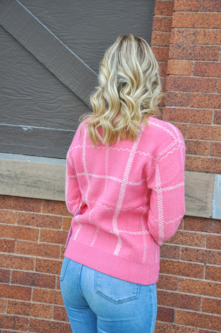 Pink Plaid Crew Neck Sweater