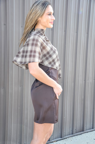 Plaid Cape Overlay Satin Strappy Layered Mini Dress