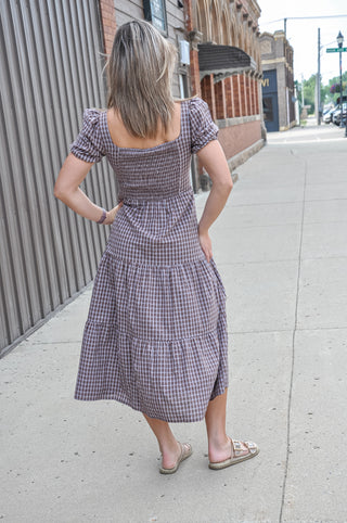 Plaid Corset Detail Tiered Midi Dress, view 3