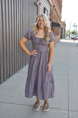 Plaid Corset Detail Tiered Midi Dress