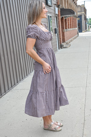 Plaid Corset Detail Tiered Midi Dress, view 2