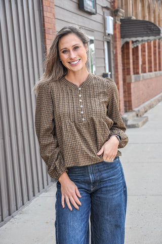 Plaid Pintuck Detail Henley LS Top