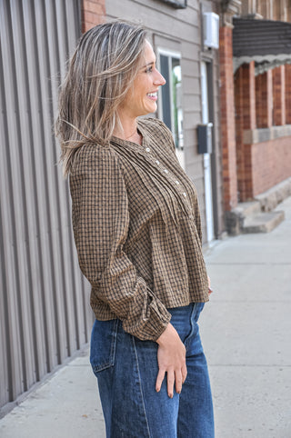 Plaid Pintuck Detail Henley LS Top, view 3