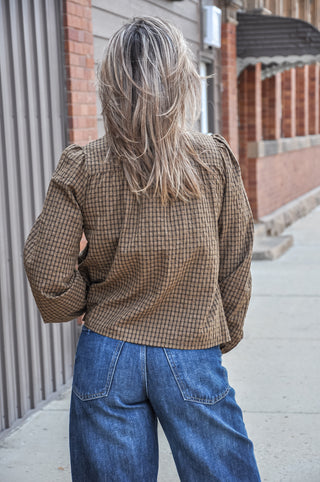 Plaid Pintuck Detail Henley LS Top, view 5