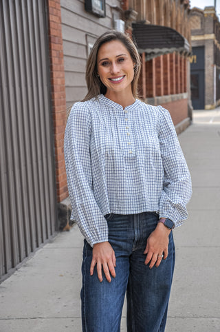 Plaid Pintuck Detail Henley LS Top, view 2