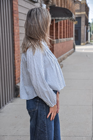 Plaid Pintuck Detail Henley LS Top, view 4