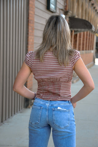 Plaid Puff Sleeve Contoured Waist Top