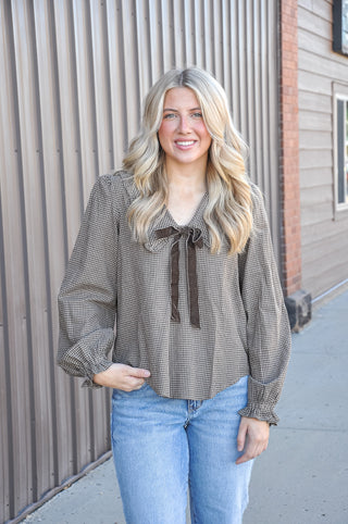 Plaid Ruffle Bow Tie Blouse in Brown/Taupe