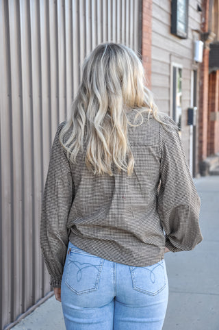 Plaid Ruffle Bow Tie Blouse in Brown/Taupe