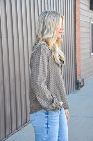 Plaid Ruffle Bow Tie Blouse in Brown/Taupe