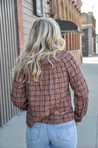 Plaid Shirred Yoke Front Tie LS Top