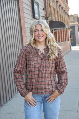Plaid Shirred Yoke Front Tie LS Top