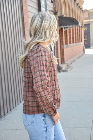 Plaid Shirred Yoke Front Tie LS Top