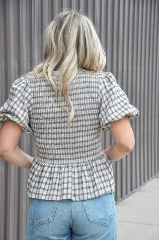 Plaid Smocked Peplum Puff Sleeve Top