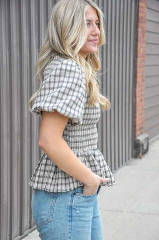 Plaid Smocked Peplum Puff Sleeve Top