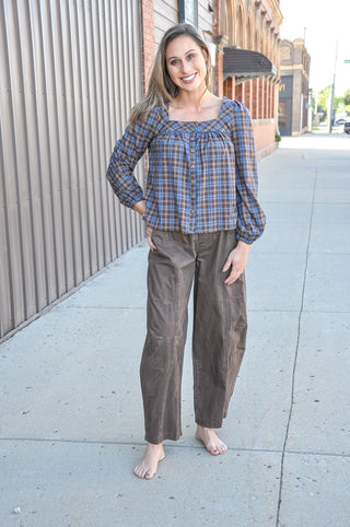 Plaid Square Neck Button Blouse