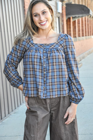 Plaid Square Neck Button Blouse