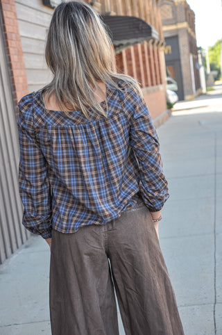 Plaid Square Neck Button Blouse