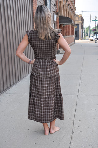 Plaid V Neck Smocked Midi Dress, view 5