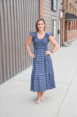 Plaid V Neck Smocked Midi Dress, view 2