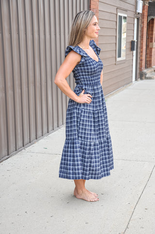 Plaid V Neck Smocked Midi Dress, view 4