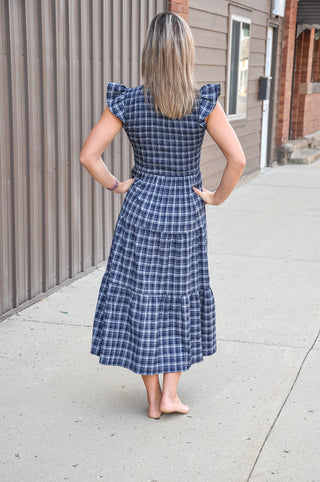 Plaid V Neck Smocked Midi Dress, view 6