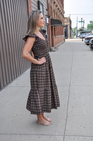 Plaid V Neck Smocked Midi Dress, view 3