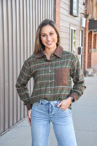 Plaid & Corduroy Contrast Button-Up Shacket