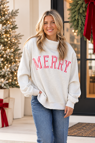 Plaid Merry Embroidered Mock Neck