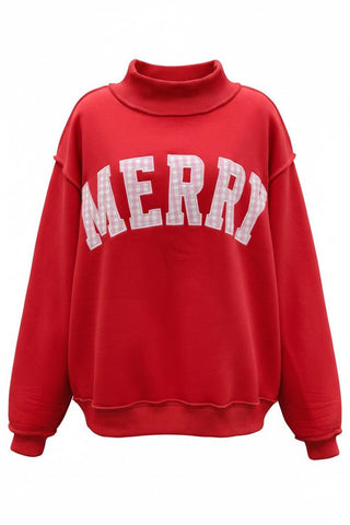 Red w/Pink Merry Embroidered Mock Neck Sweatshirt